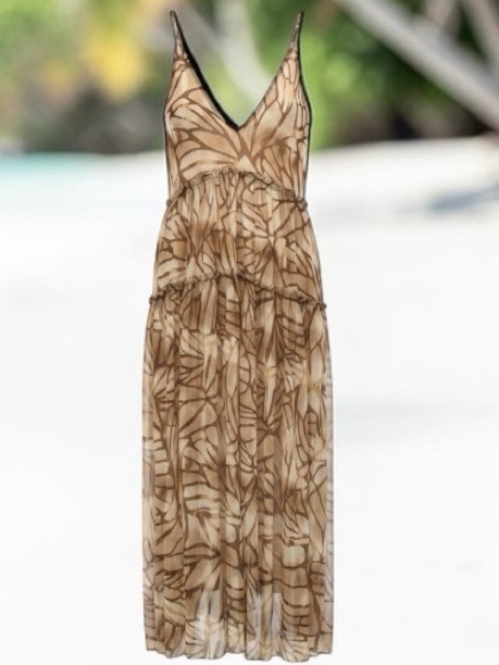 Free People V-Neck Tiered Maxi Dress in Brown and Cream Leaf Print
